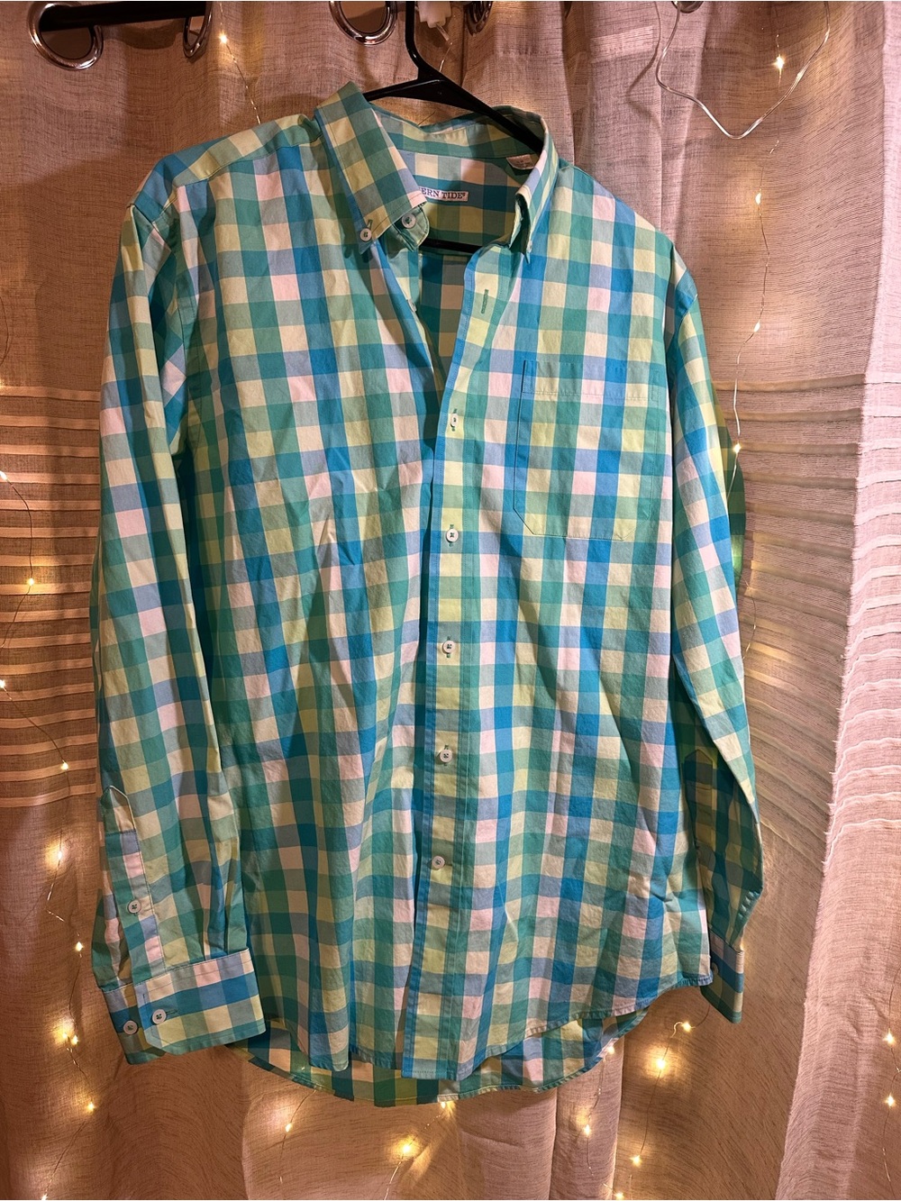 Southern Tide Aqua and Light Green Plaid Button-Down Shirt